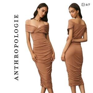 Anthropologie Off-The-Shoulder Ruched Slim Midi Dress S